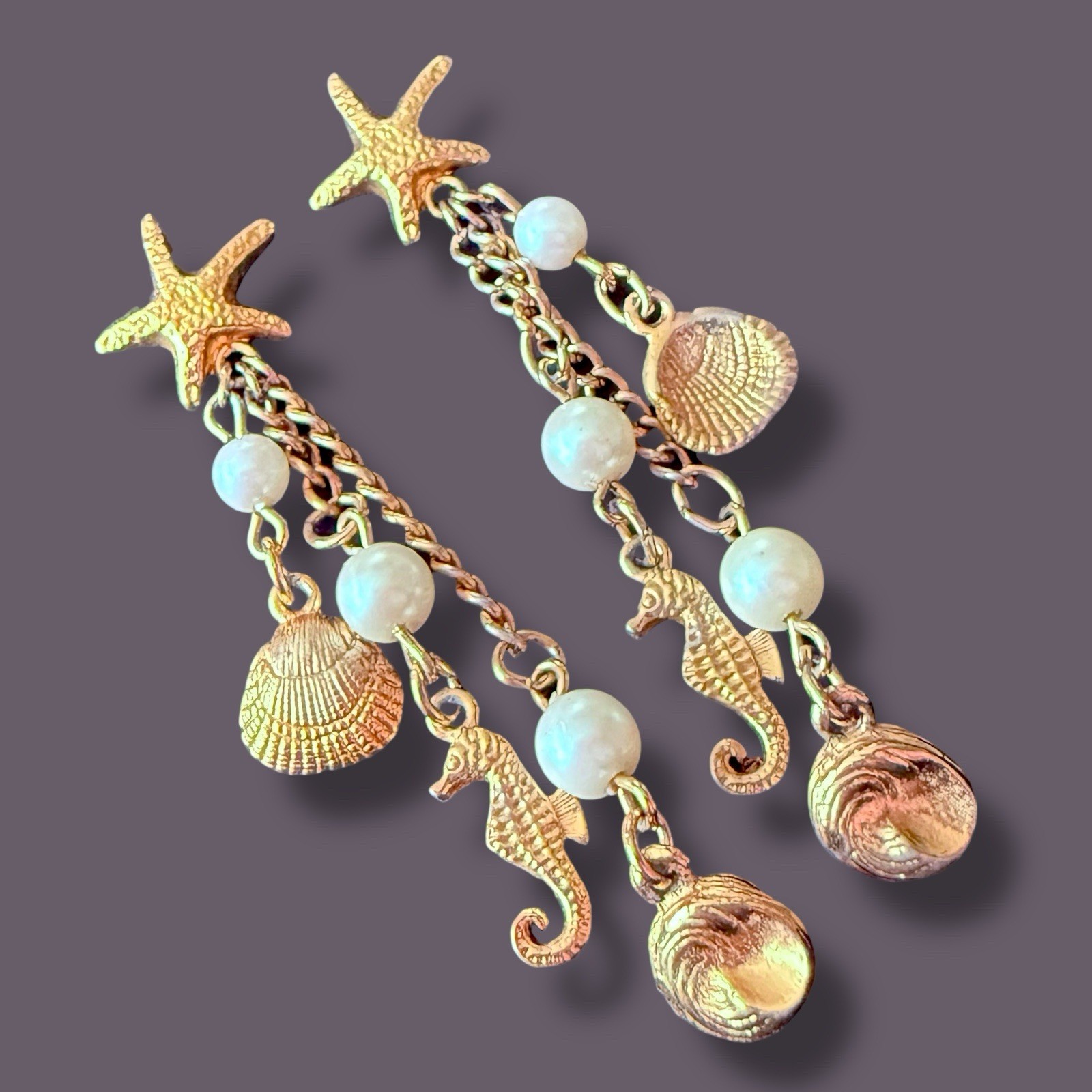 Starfish Earrings Seahorse Shell Dangle Vintage Gold Tone Faux Pearl Pierced