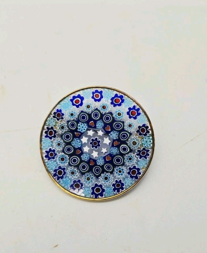 Millefiori Glass Brooch Pin Silver Venetian Murano Italy Vintage Blue 1.5 in