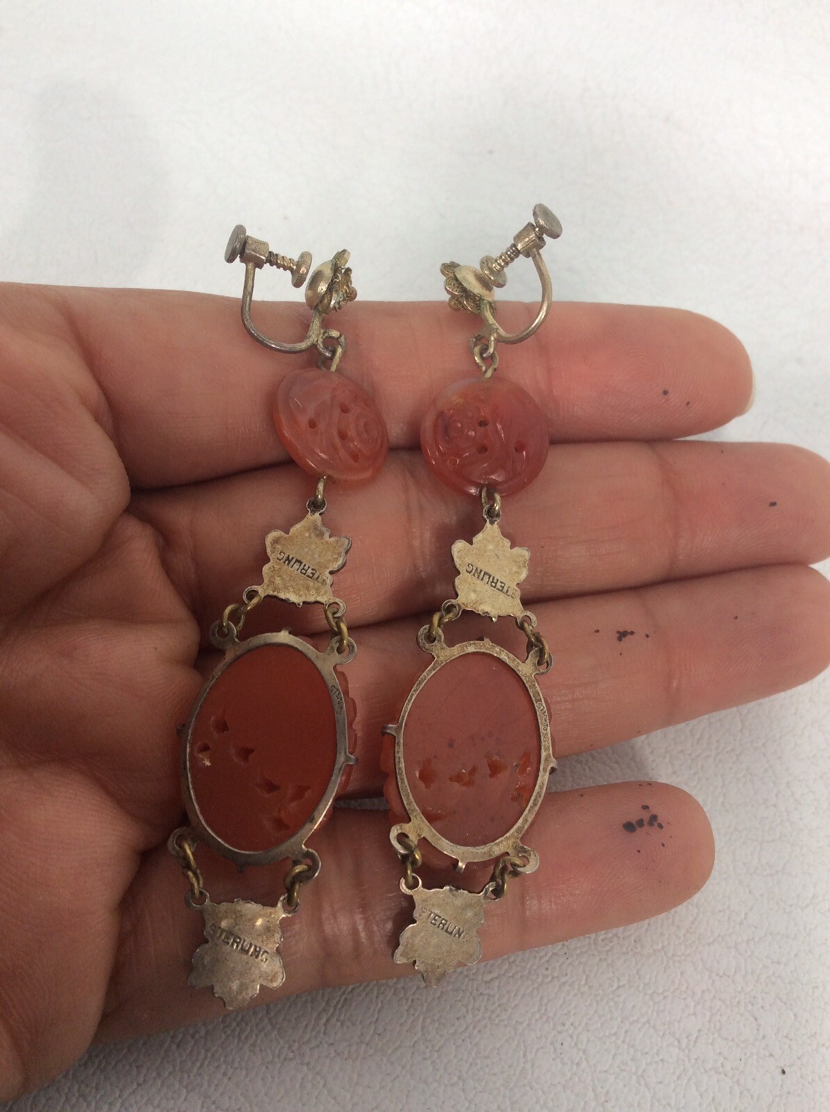 vintage Chinese Sterling silver 925 Vermeil brown jade Screw earrings