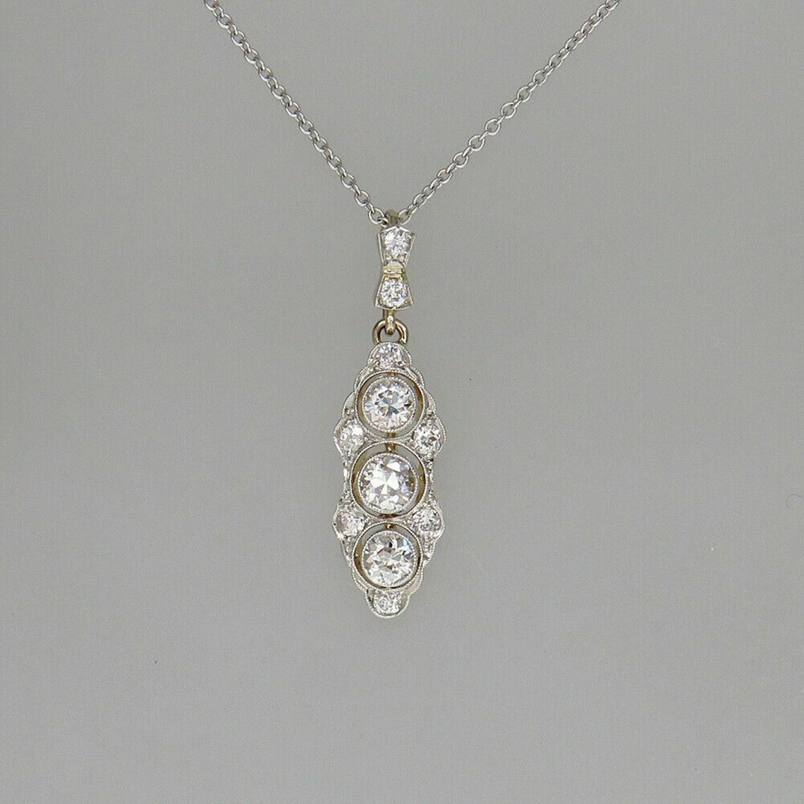Art Deco Old European Lab Created Diamond Three-Stone Wedding 925 Silver Pendant
