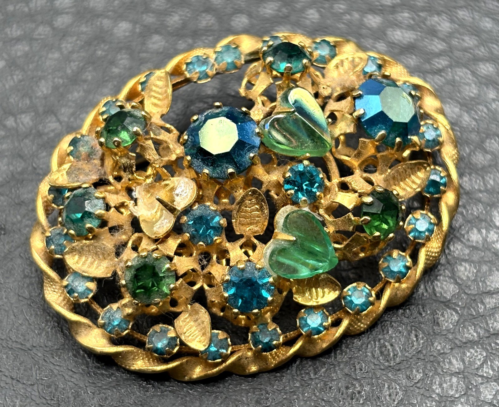 VTG Austria Gold Tone Filigree Brooch Blue Green Heart Rhinestone Pin READ