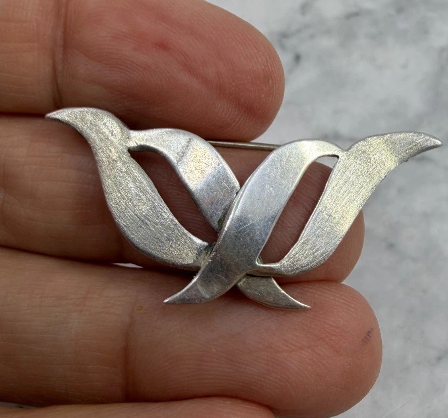 Vintage Deco Danish Sterling Silver Brooch Signed J MM 1.75 x 3/3″