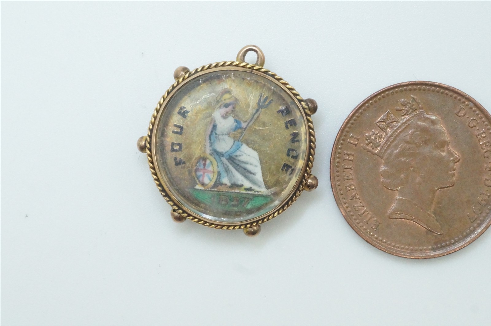 ANTIQUE ENGLISH 9K GOLD ENAMELLED VICTORIA GROAT 4d COIN FOB CHARM c1837