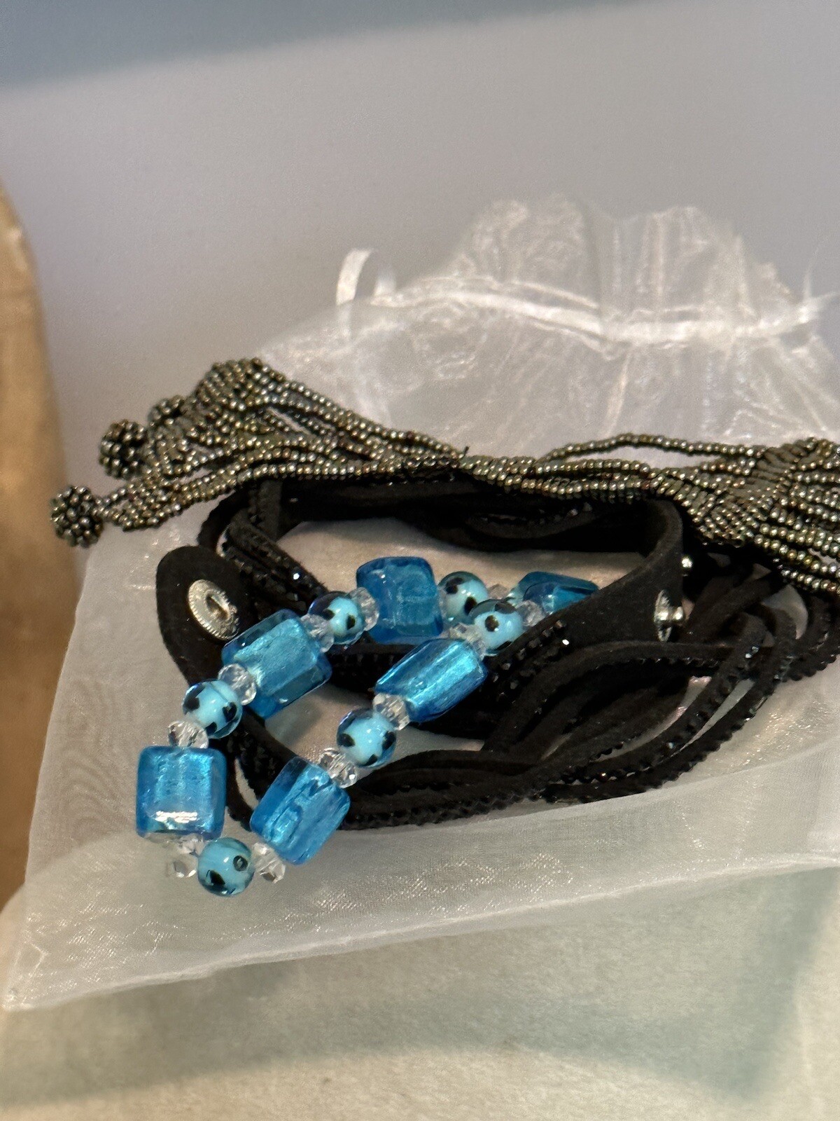 VTG LOT- 3 GLASS BEADED BRACELETS, 1 Gray, 1 Black And 1 Blue- COSTUME JEWELRY