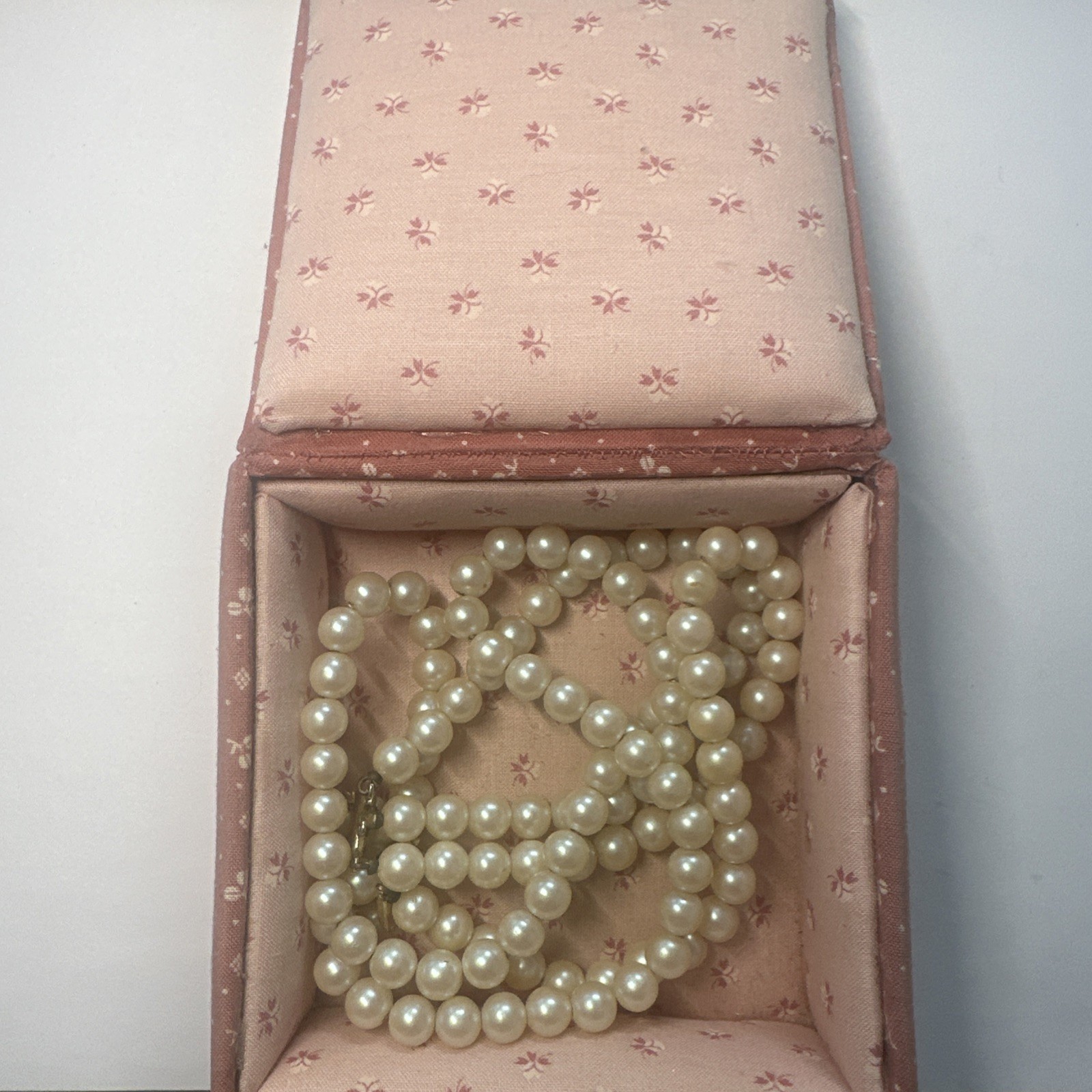 Vintage Japan 3 Strand Faux Pearl Necklace Rhinestone Clasp with Fabric Box