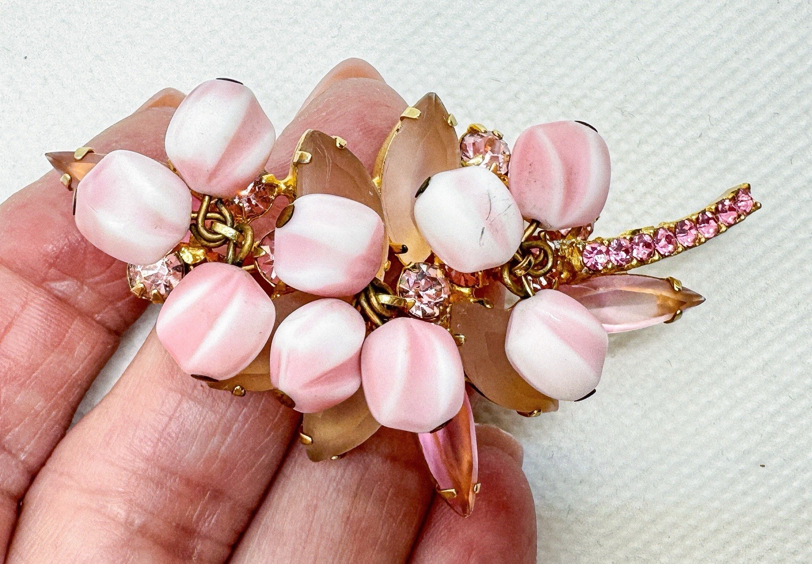 Verified Juliana D&E Brooch Pin Pink Stripe Givre Glass Rhinestone Floral 1960s