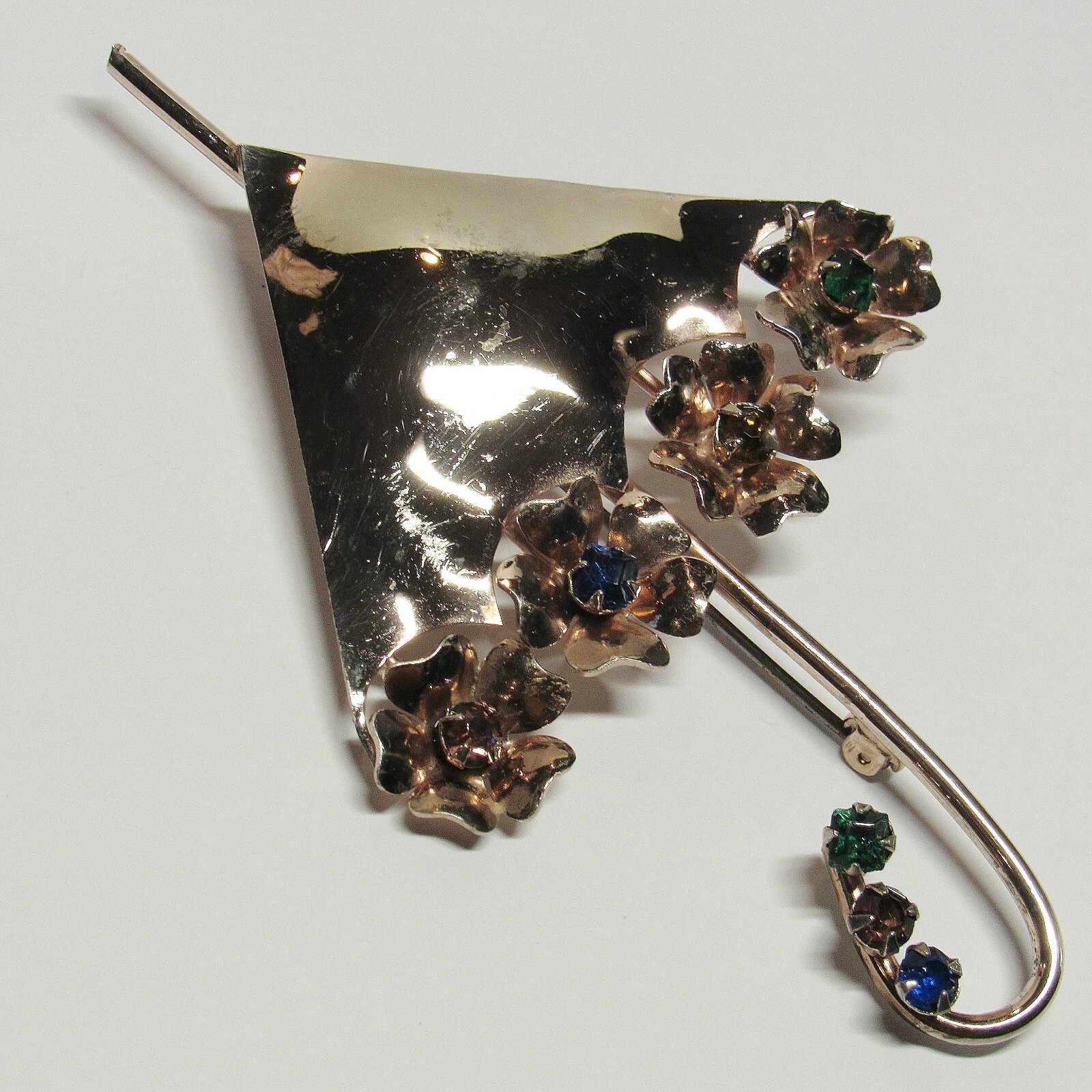 Vintage Solid STERLING 925 Silver Pin With Rhinestones Umbrella Rain 16.5g