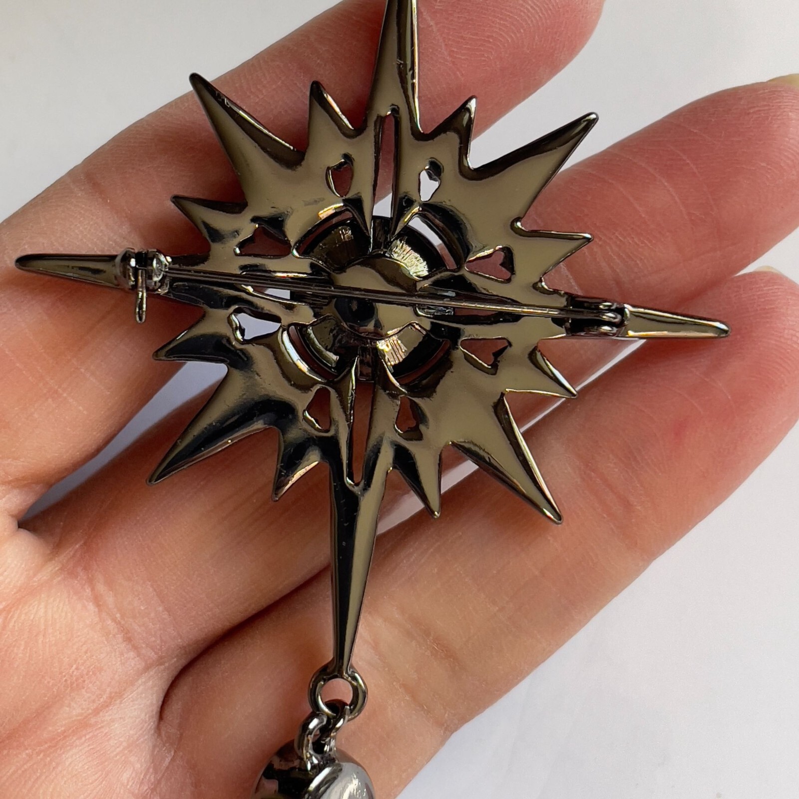 Antique Reproduction Simulated Sapphire Clear Pave Crystal Gunmetal Star Brooch