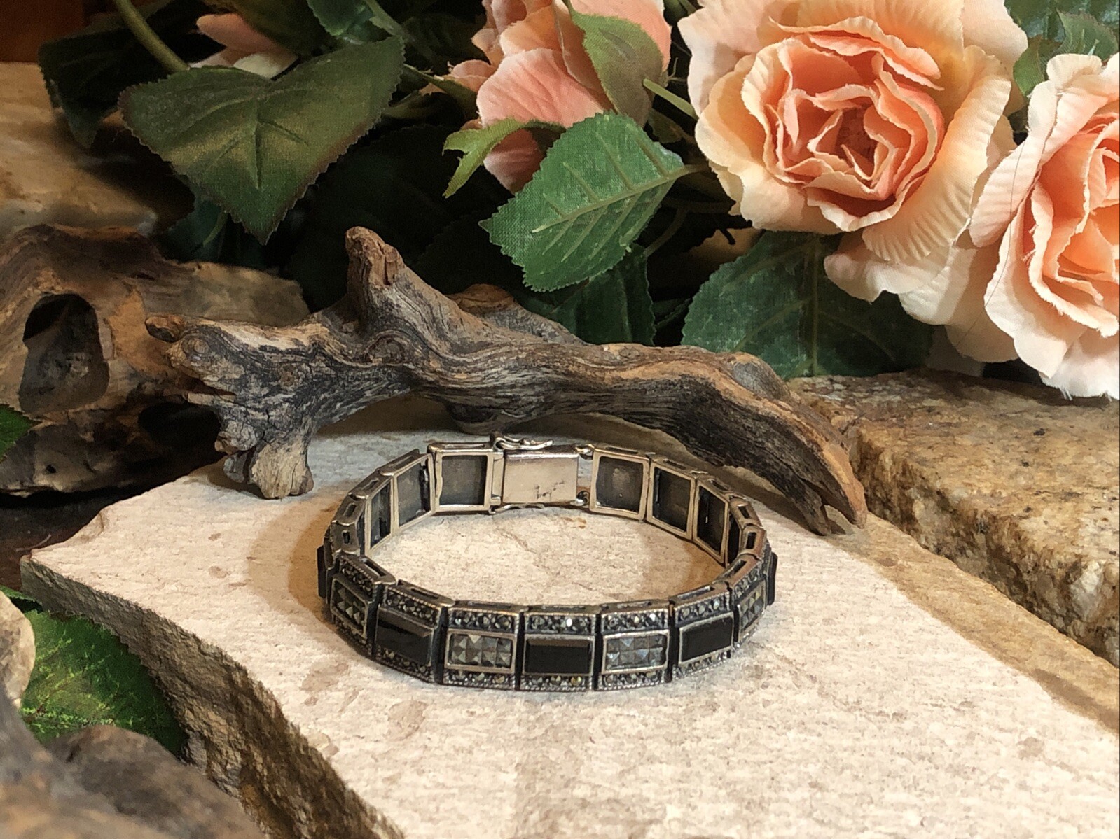16. Art Deco Sterling 925 Black Onyx Marcasite Panel bracelet 38.9g, 6 5/8″