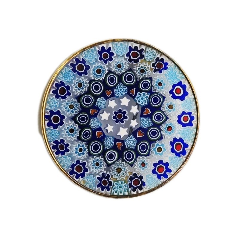 Millefiori Glass Brooch Pin Silver Venetian Murano Italy Vintage Blue 1.5 in