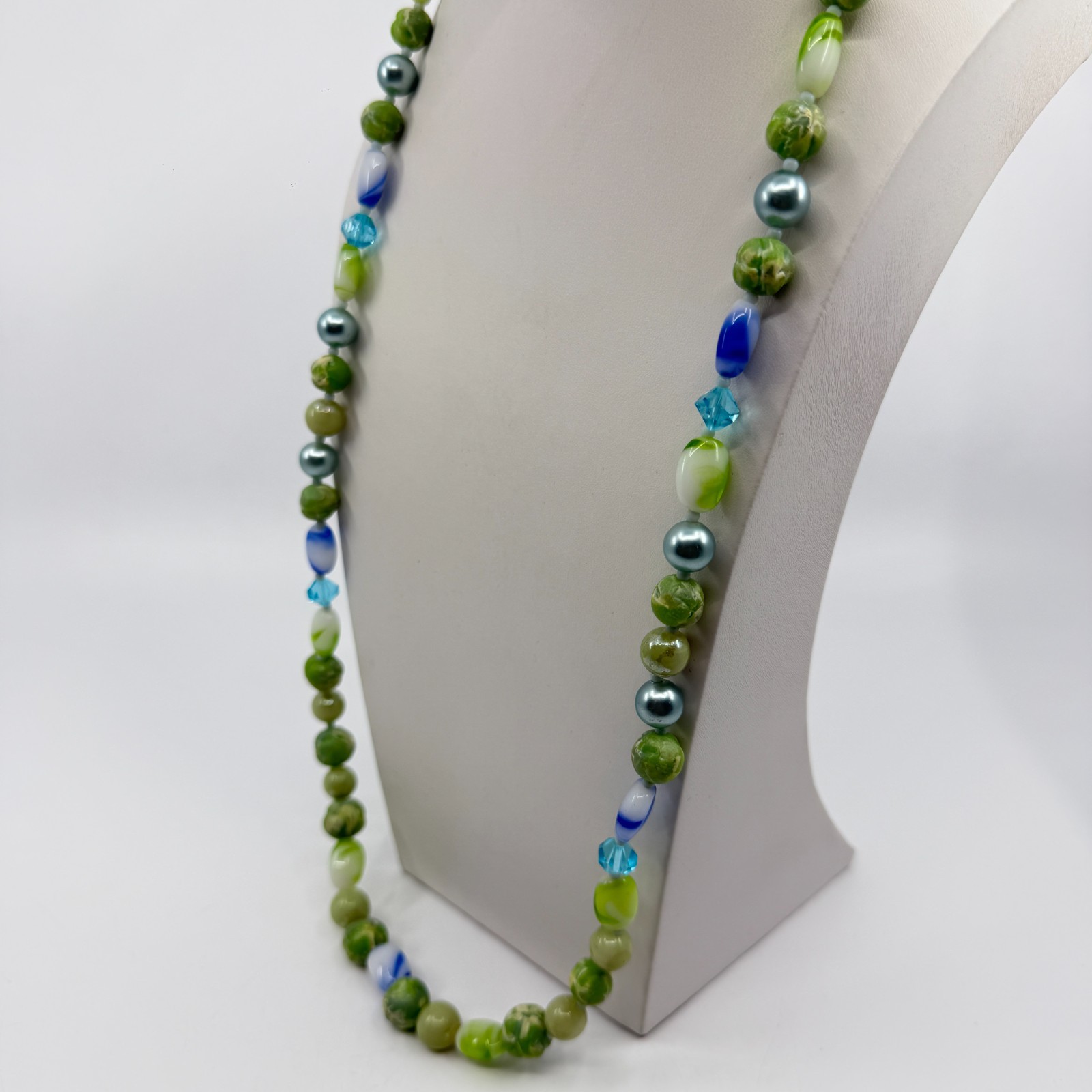 Green & Blue Bead Statement Necklace Boho Layering Jewelry Unique Beachy Gift