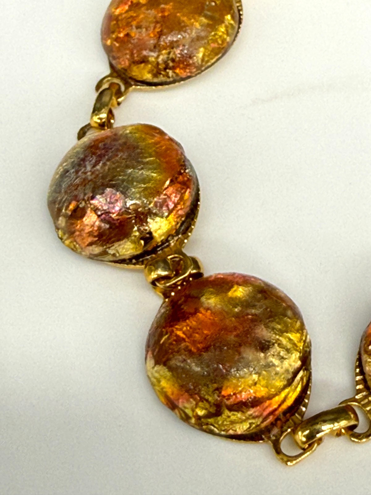 Vintage Bracelet Foil Acrylic Resin Cabochons Gold Tone 7.25 Inches