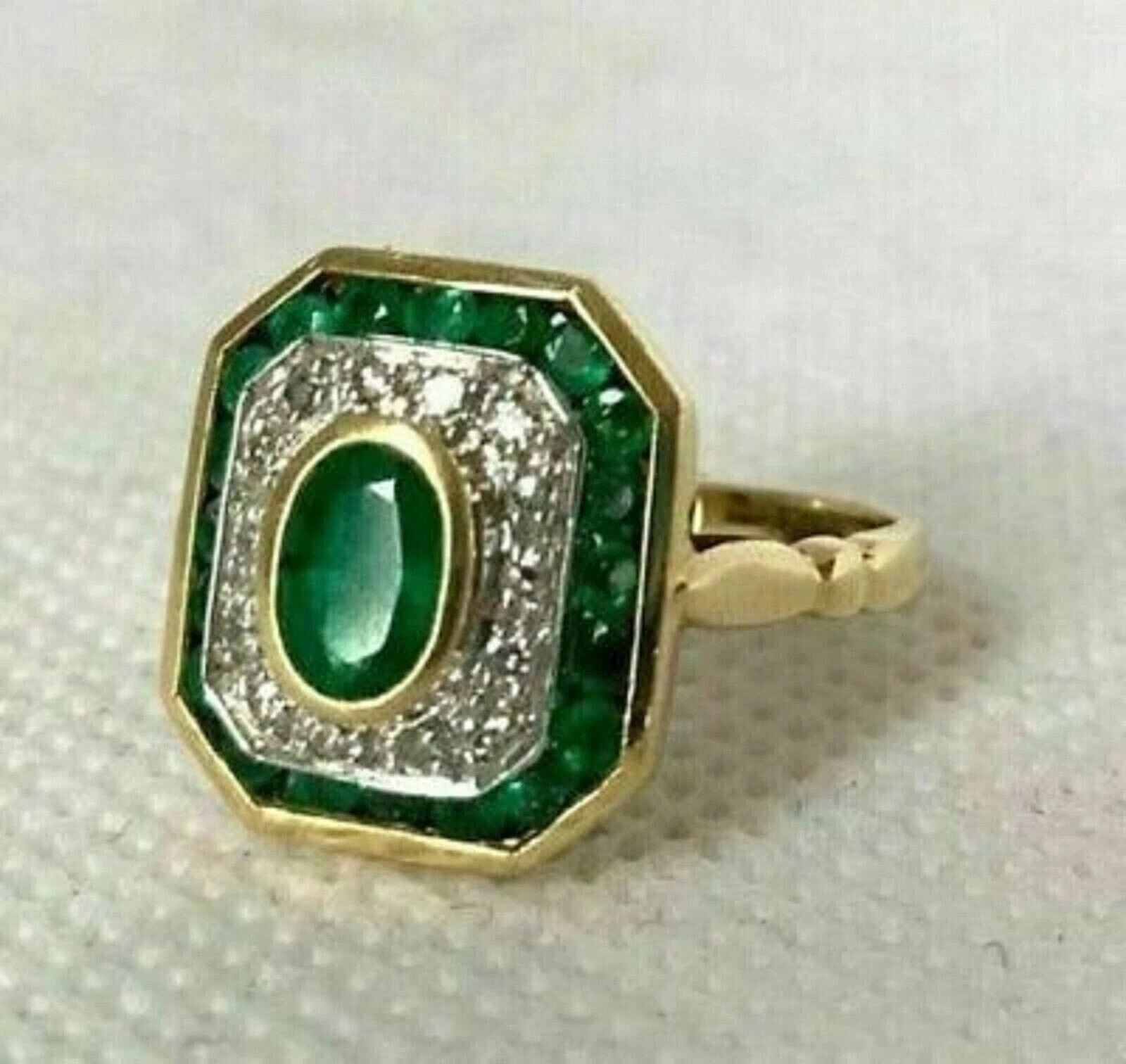 Vintage Art Deco Style Oval Lab Created Emerald Engagement 14K Gold Finish Ring