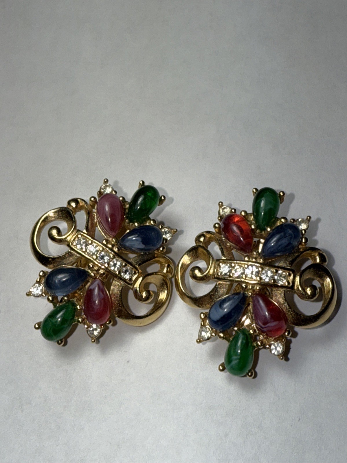 Crown Trifari Alfred Philippe Earrings Jewels of India Moghul Cabochon Clip On