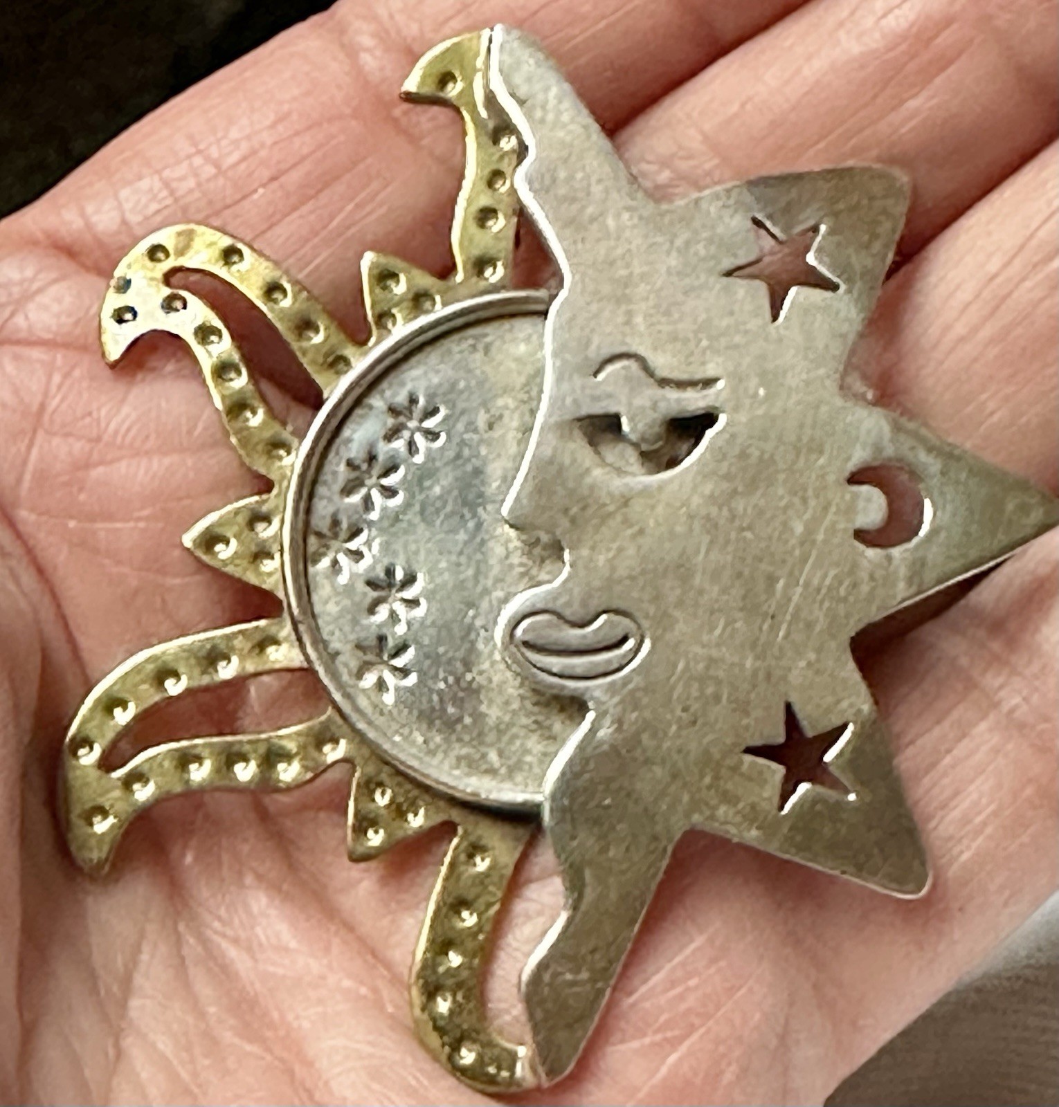 925 Sterling Silver 2 Tone Mexico Eclipse Sun & Moon Pin Brooch LATON 2.5”
