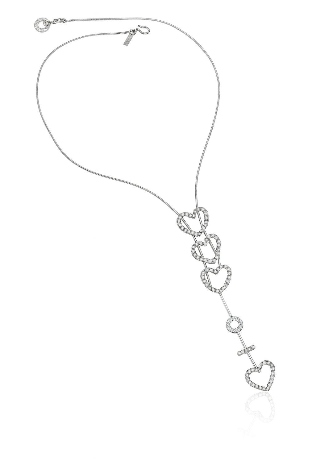 Long Signed MOSCHINO Silver Tone Necklace w/ Sliding Crystal Rhinestones Hearts