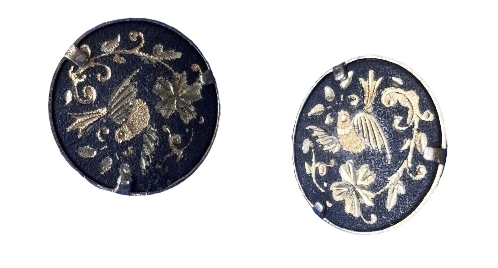 Bird Flower Damascene Spain Stud Earrings Silver Toned Inlay Vintage