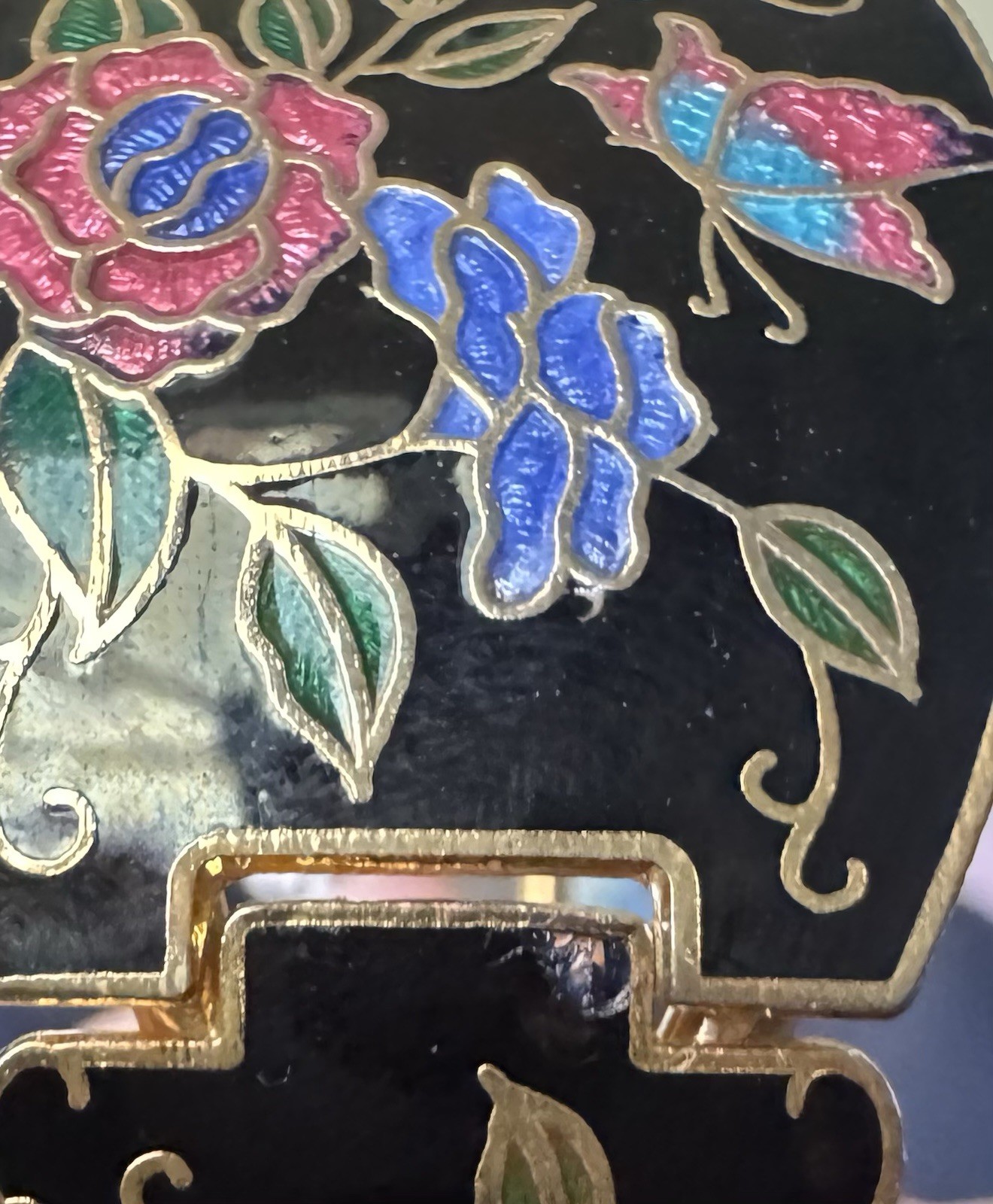 Vtg Cloisonné Floral Bangle Bracelet Black Enamel Gold Tone Hinged Butterfly