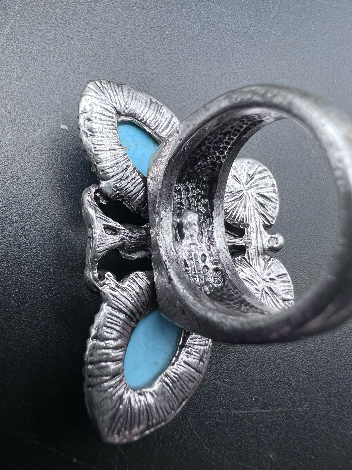 Vintage Butterfly Statement Ring Blue Cabochons Silver Tone Size 6.5