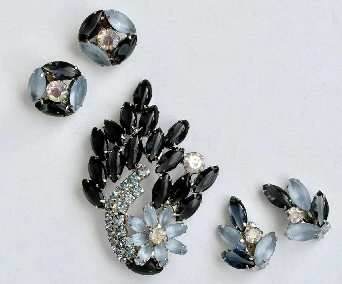 D&E Vintage Flower Corsage Ice Blue & Onyx Navette Brooch Pin & Clip-on Earrings