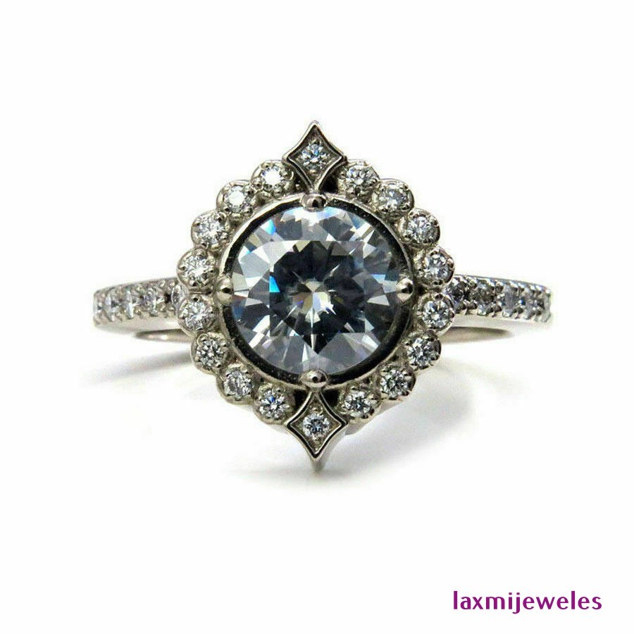 2.50 Ct Round Lab-Created Diamond Ring Star Halo Art Deco Unique Engagement
