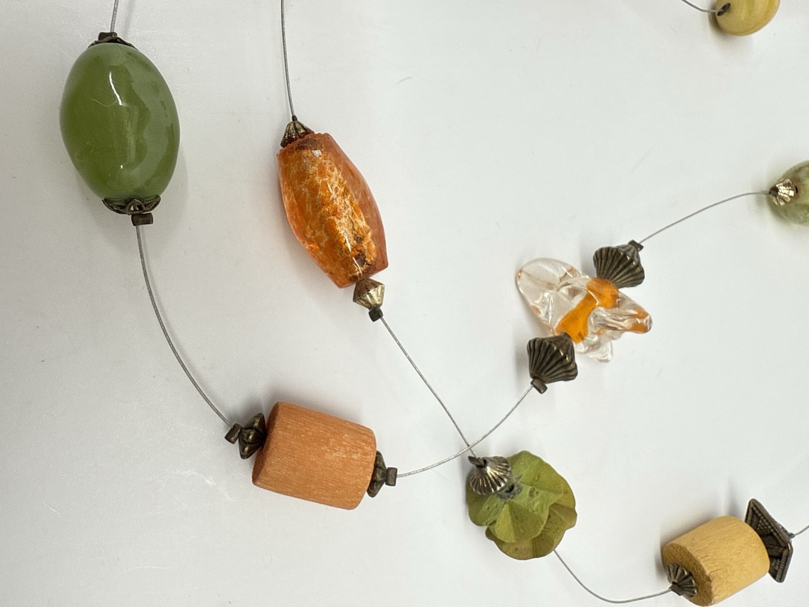 Vtg Artisan Mixed Glass Beads Wire Stations Necklace Multicolor Long Boho