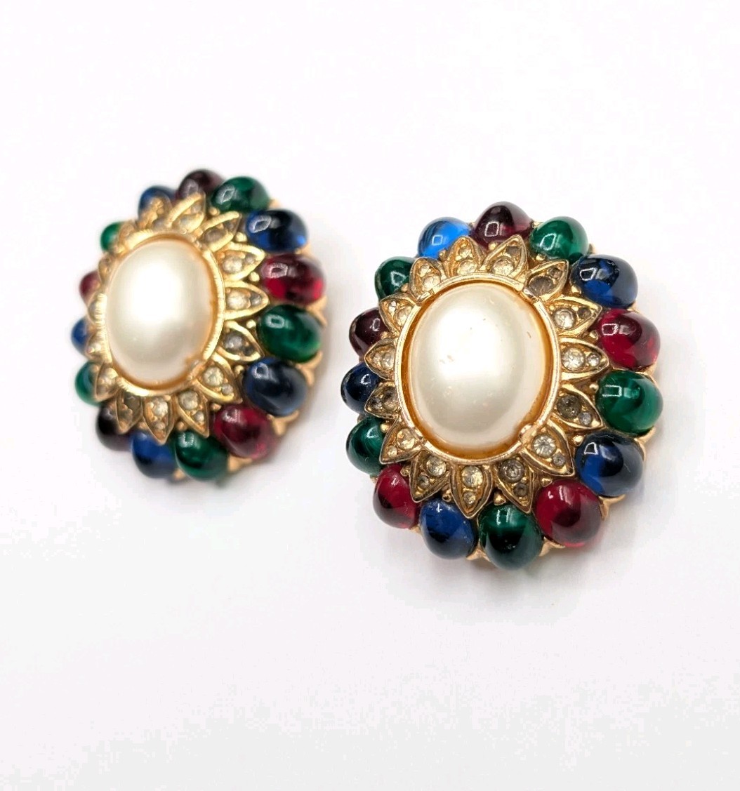 CINER Jewels Of India Moghul Glass Faux Pearl Clip On Gold Tone Earrings ⚠️Read
