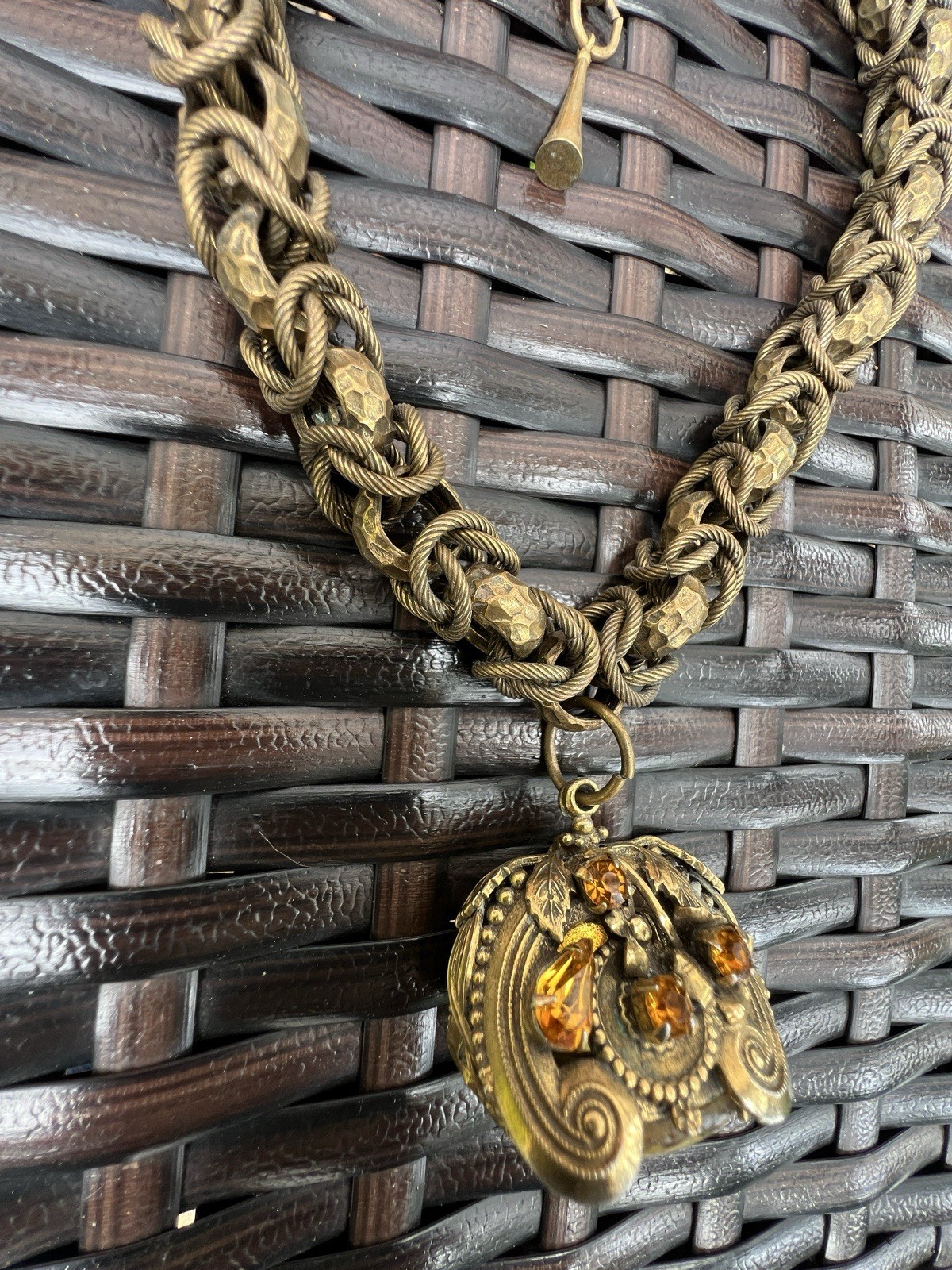 VTG HENKEL & GROSSE Victorian Revival Rhinestone & Art Glass Fob Necklace RUNWAY