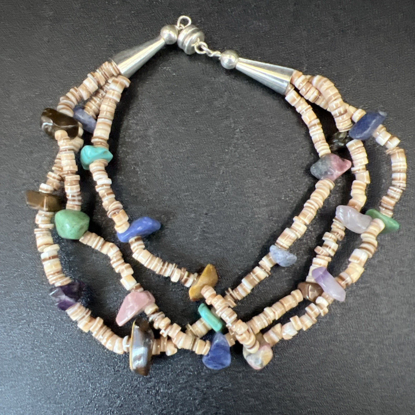 Southwestern Heishi Gemstone Bracelet VTG ~ 925 Sterling Silver ~ 7.25” ~ 13.5g