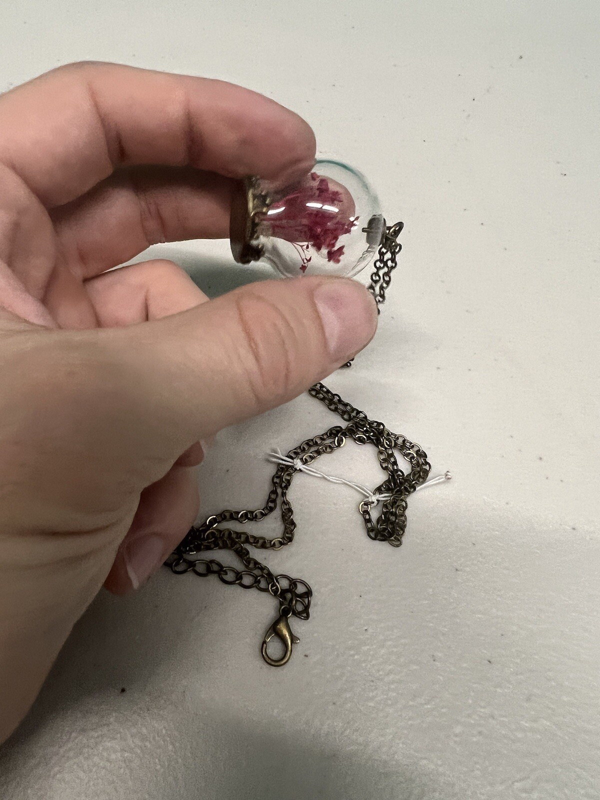 Vintage Necklace Glass Globe Urn 1” Pendant Metal Plant Branch Free Shipping