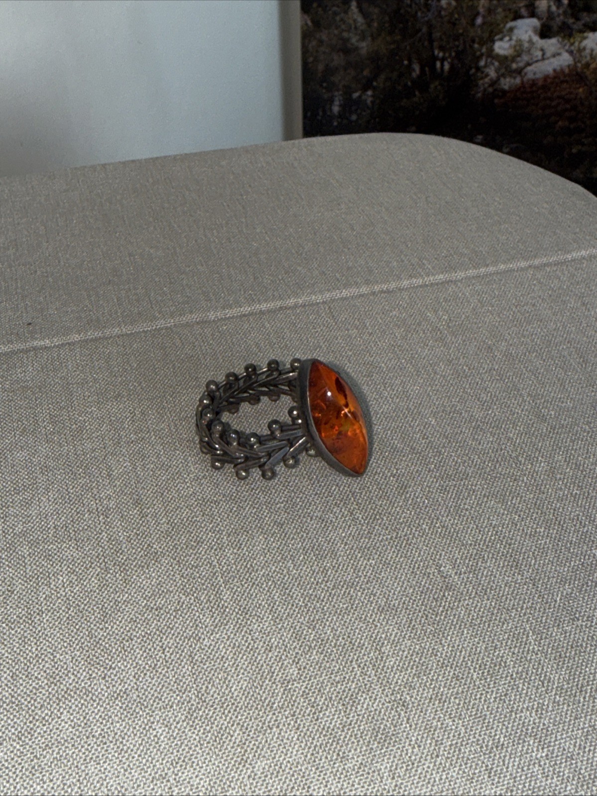 Antique Amber And 925 Sterling Silver Ring
