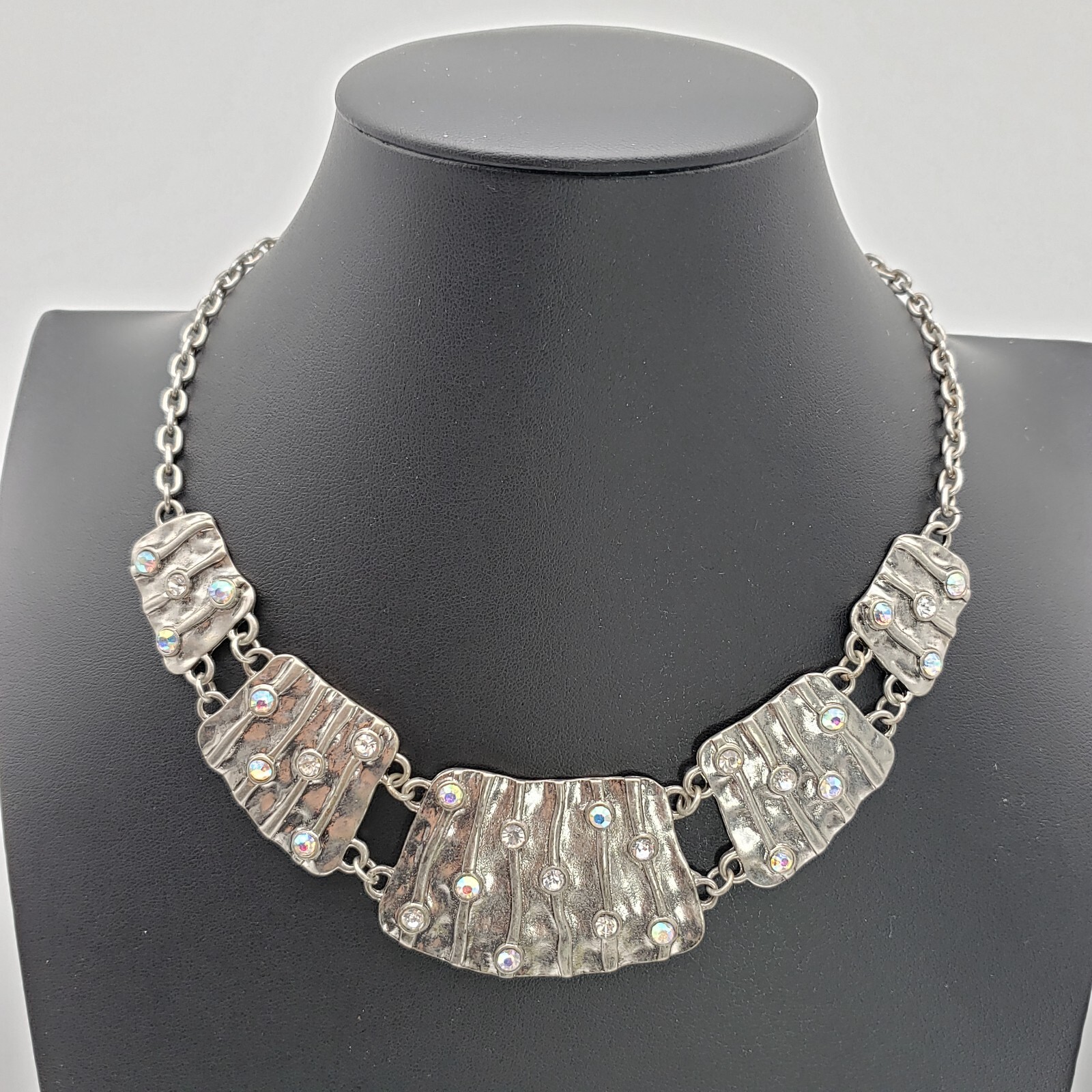 Panel Link Chain Clear AB Rhinestone Silver Tone Necklace Graduated Cutouts 21″