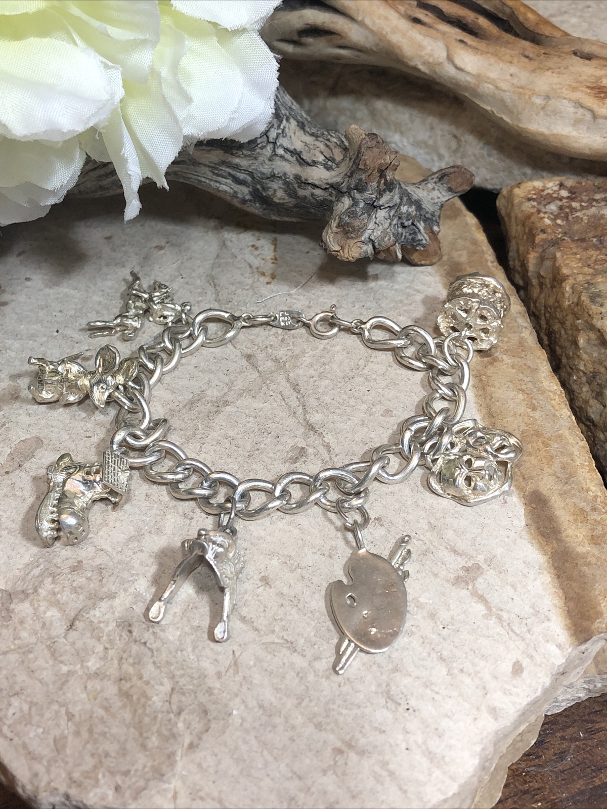 Vintage LEX 925 Sterling Silver Articulated Dangle Charm Bracelet 32.6g, 6 5/8″