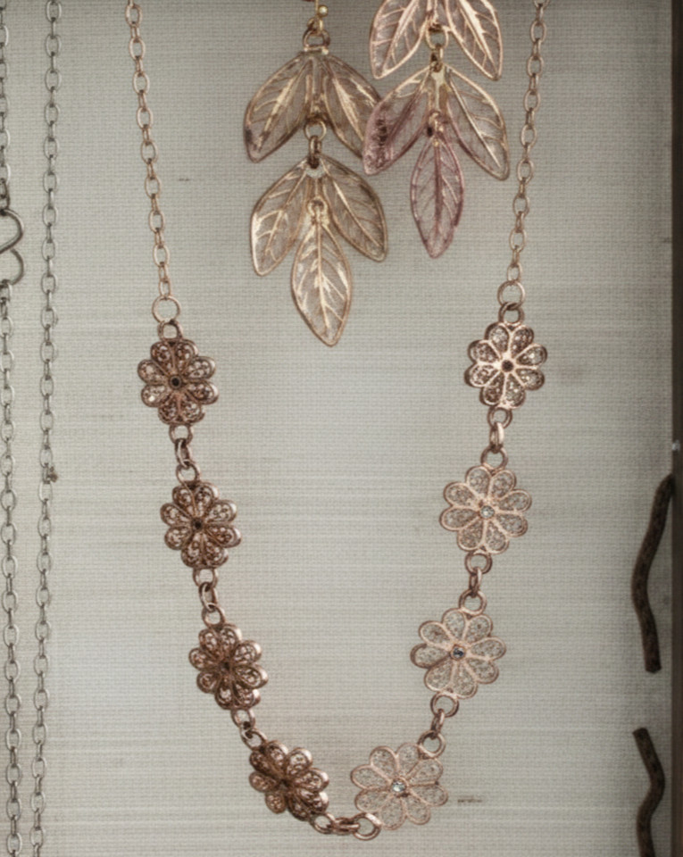 Copper Brass Filigree Flower Necklace – Adjustable 16–18″ – Roost – MSRP $60