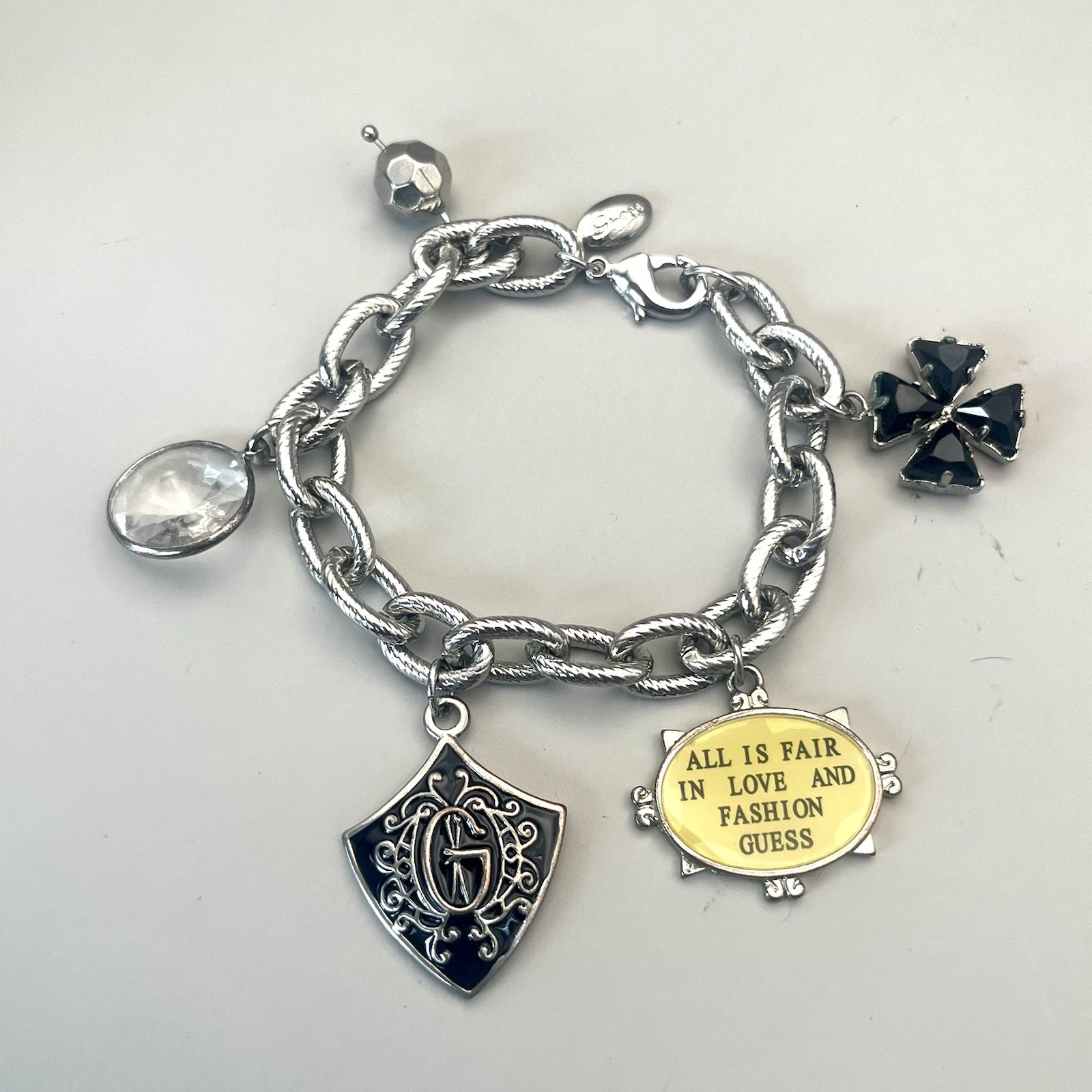 VTG Y2K GUESS Charm Silver Bracelet Shield Cross All is Fair in Love/Fashion 7″