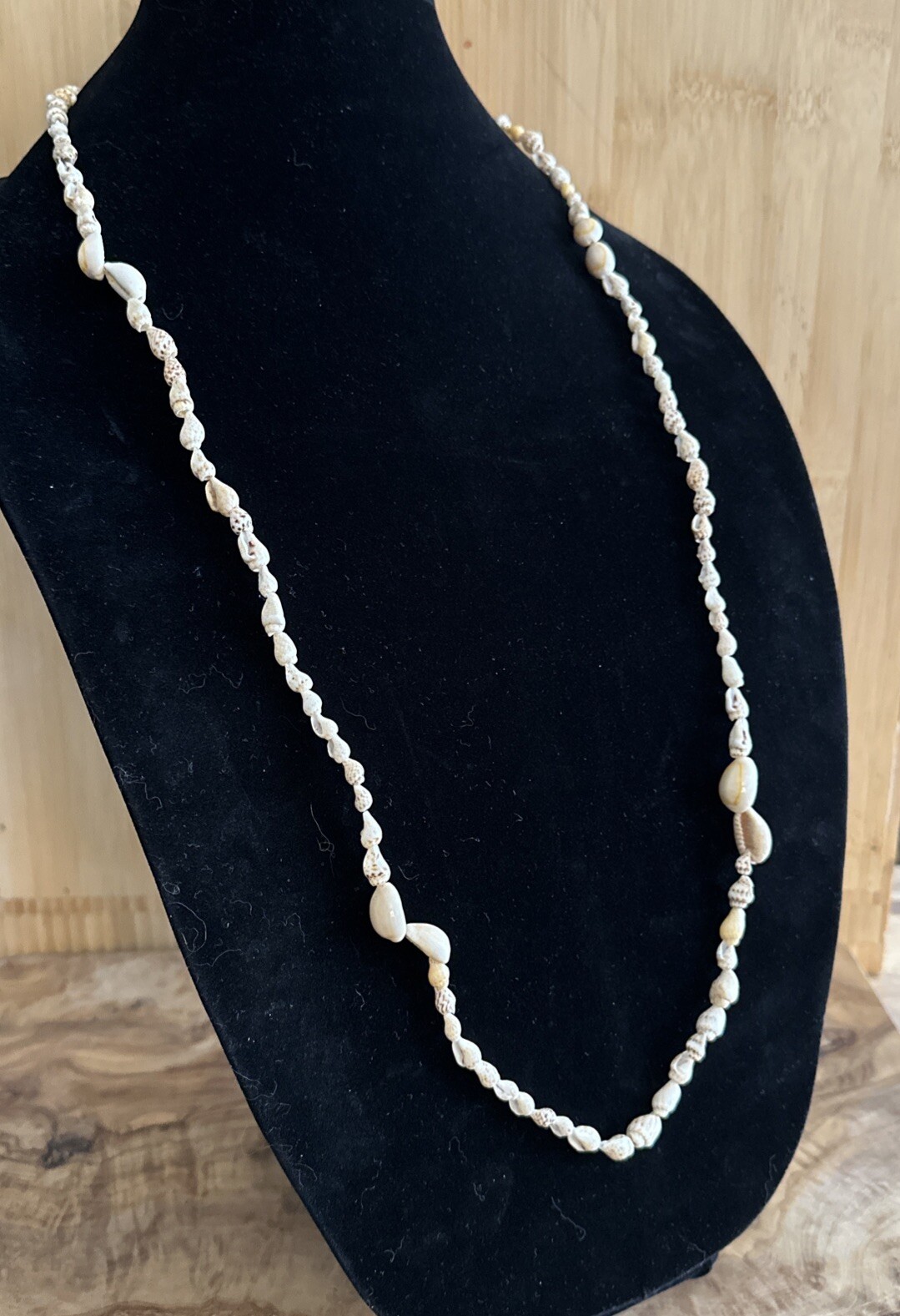 Cowrie Cluster & Brown Mini Conch Shell Necklace – 34” Continuous Strand Natural
