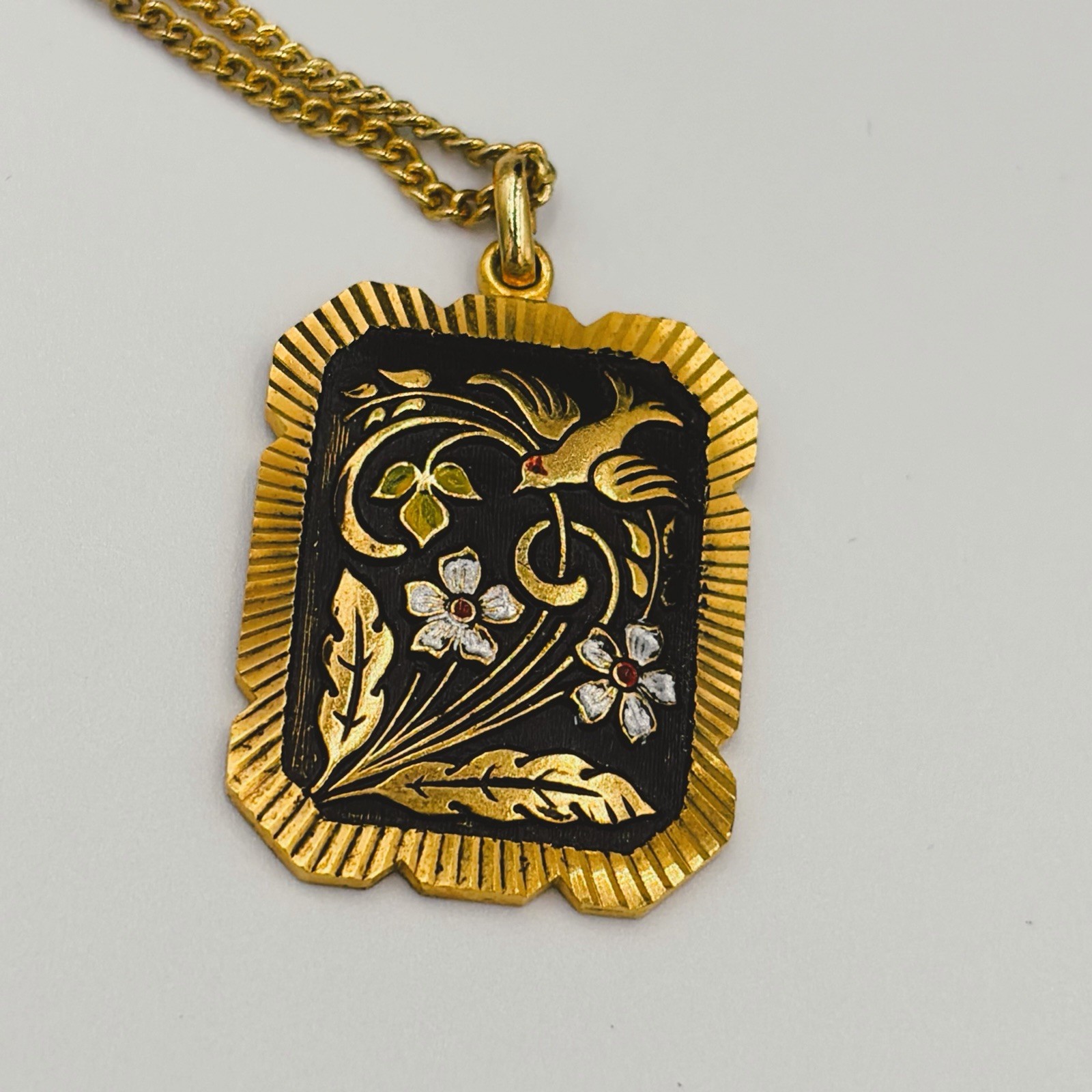Vintage Damascene Intricate Gold Tone Wire Inlay Pendant And Chain Birds Flowers