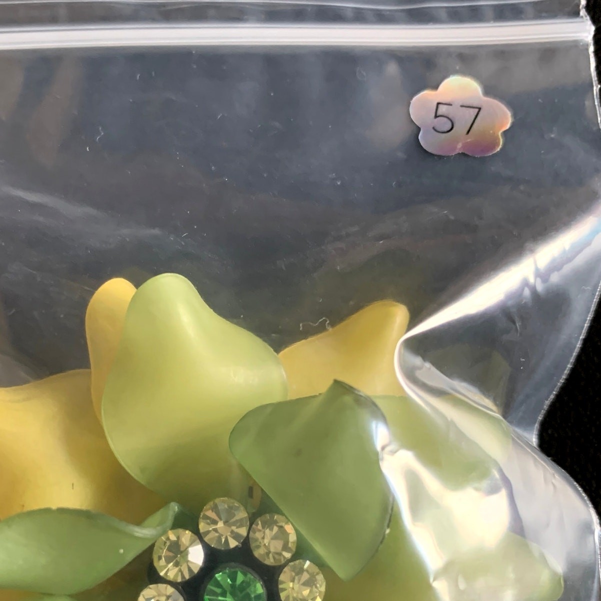 Vintage 70s Floral Brooch | Satin Acrylic Green Yellow Rhinestone