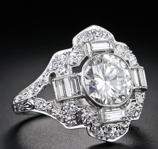 Art Deco Vintage 3.20CT Round Cut Lab-Created Diamond Ring 14K White Gold Finish