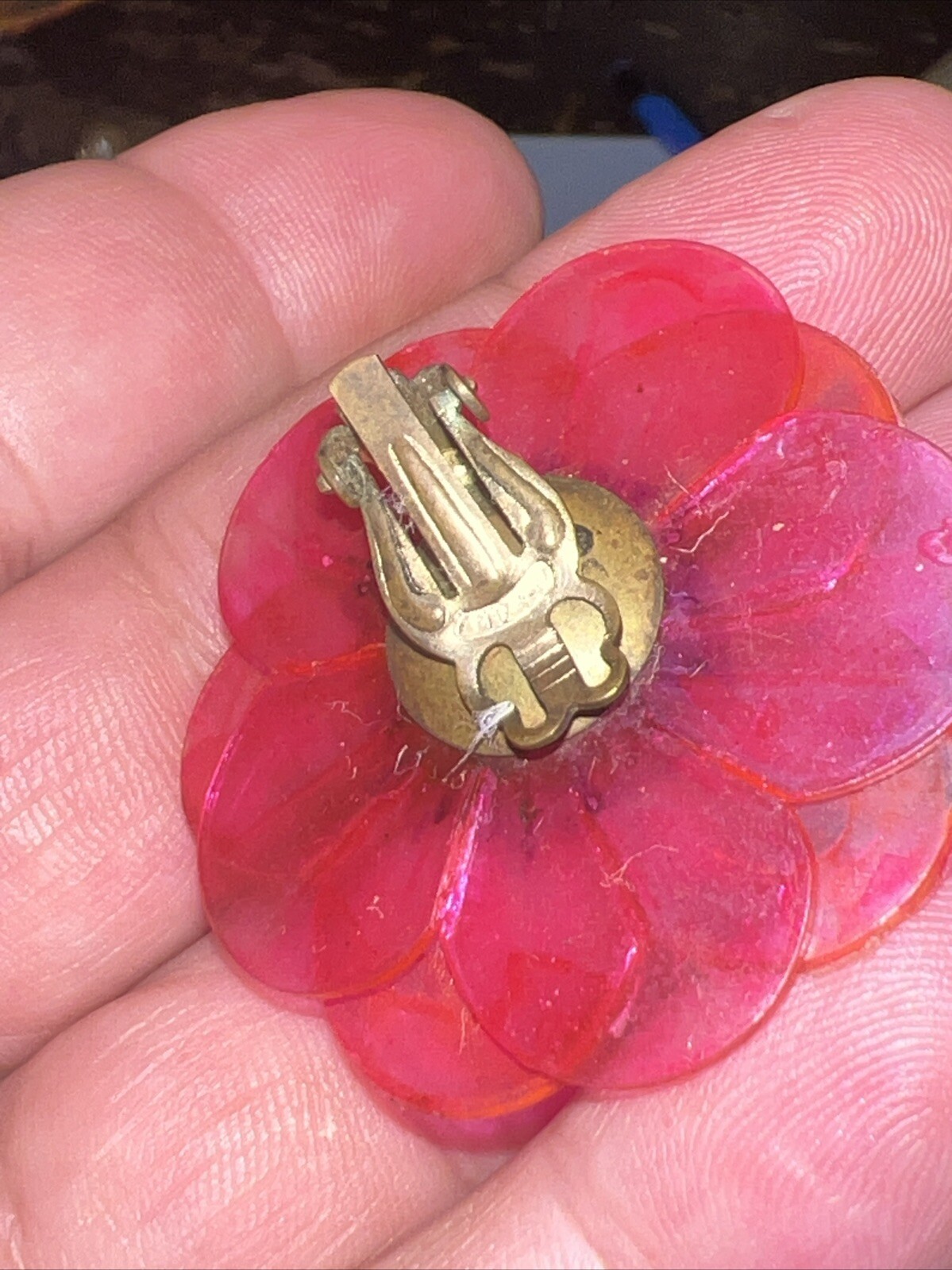VTG Pink Acetate Flower Clip-on Earrings Marked Japan