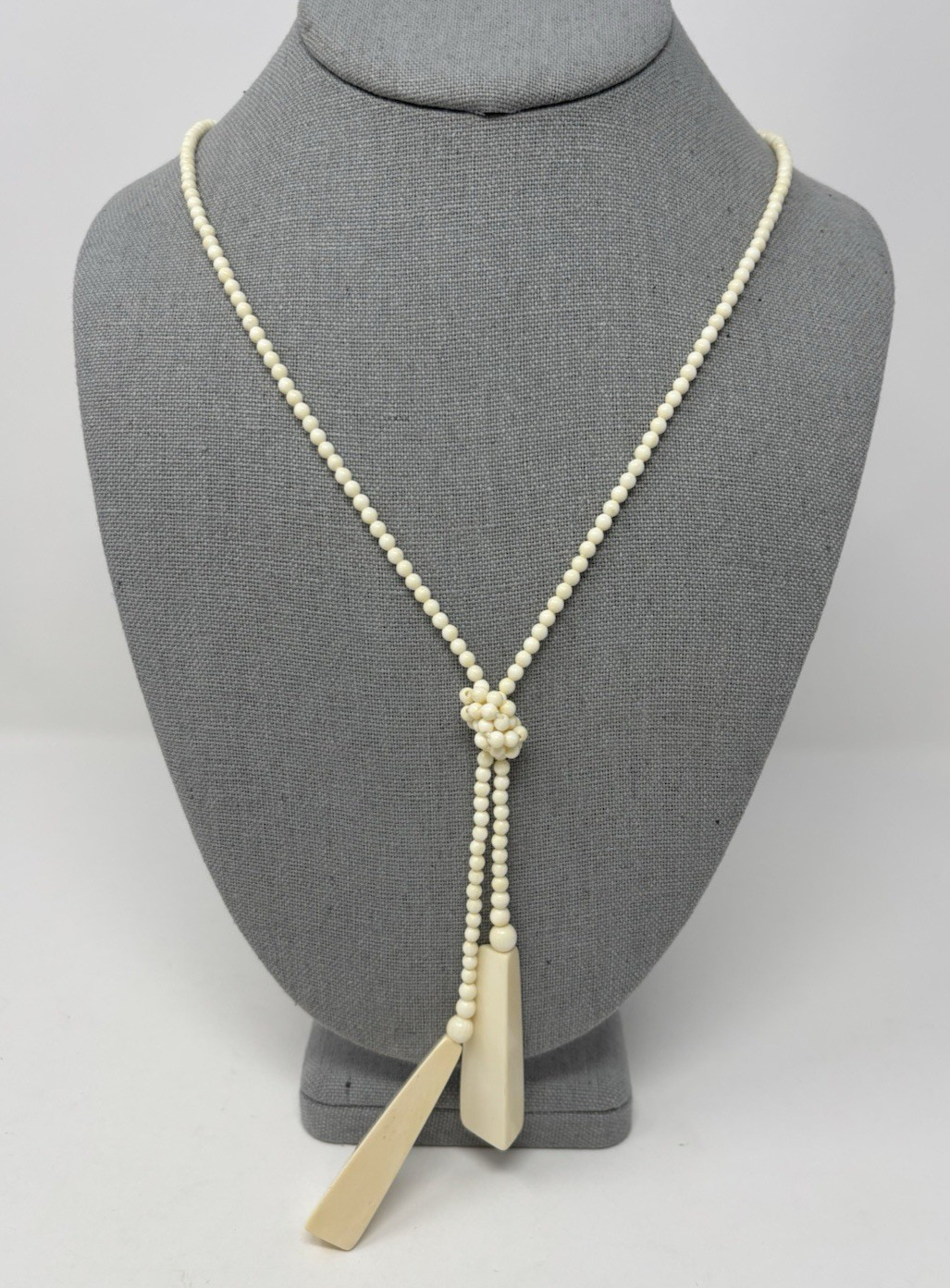 Vintage Celluloid Bead Lariat Tassel Y Drop Necklace Threaded Clasp