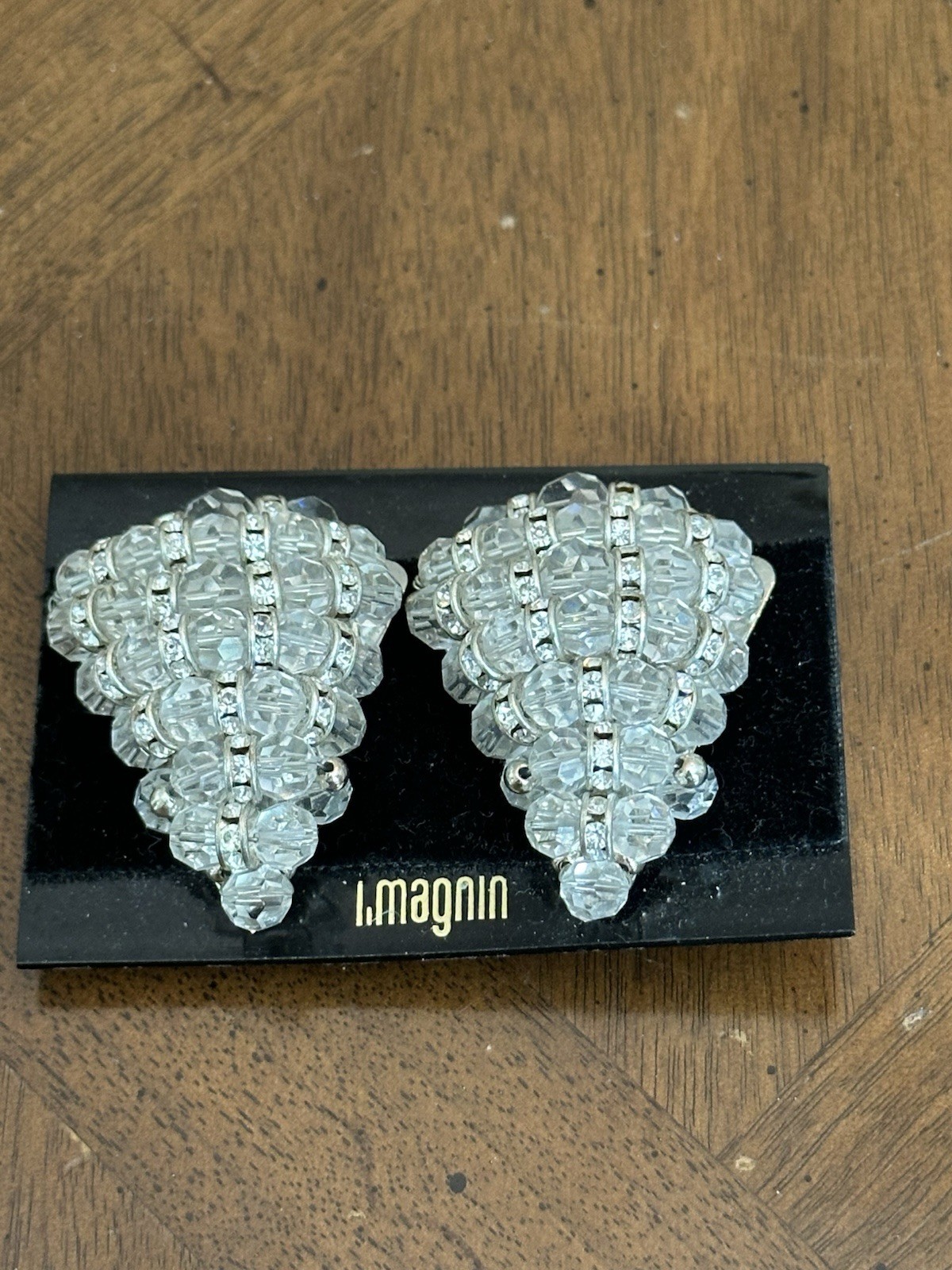 Vintage I. Magnin Clear Lucite Bead Rhinestone Cluster Statement Earrings New!