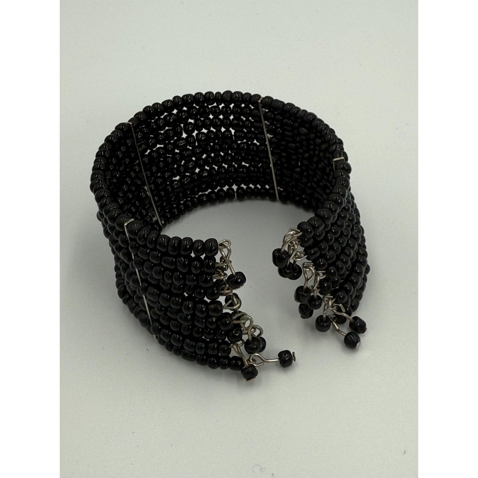 Vintage Black Beaded Cuff Bracelet Wide Statement Open Back