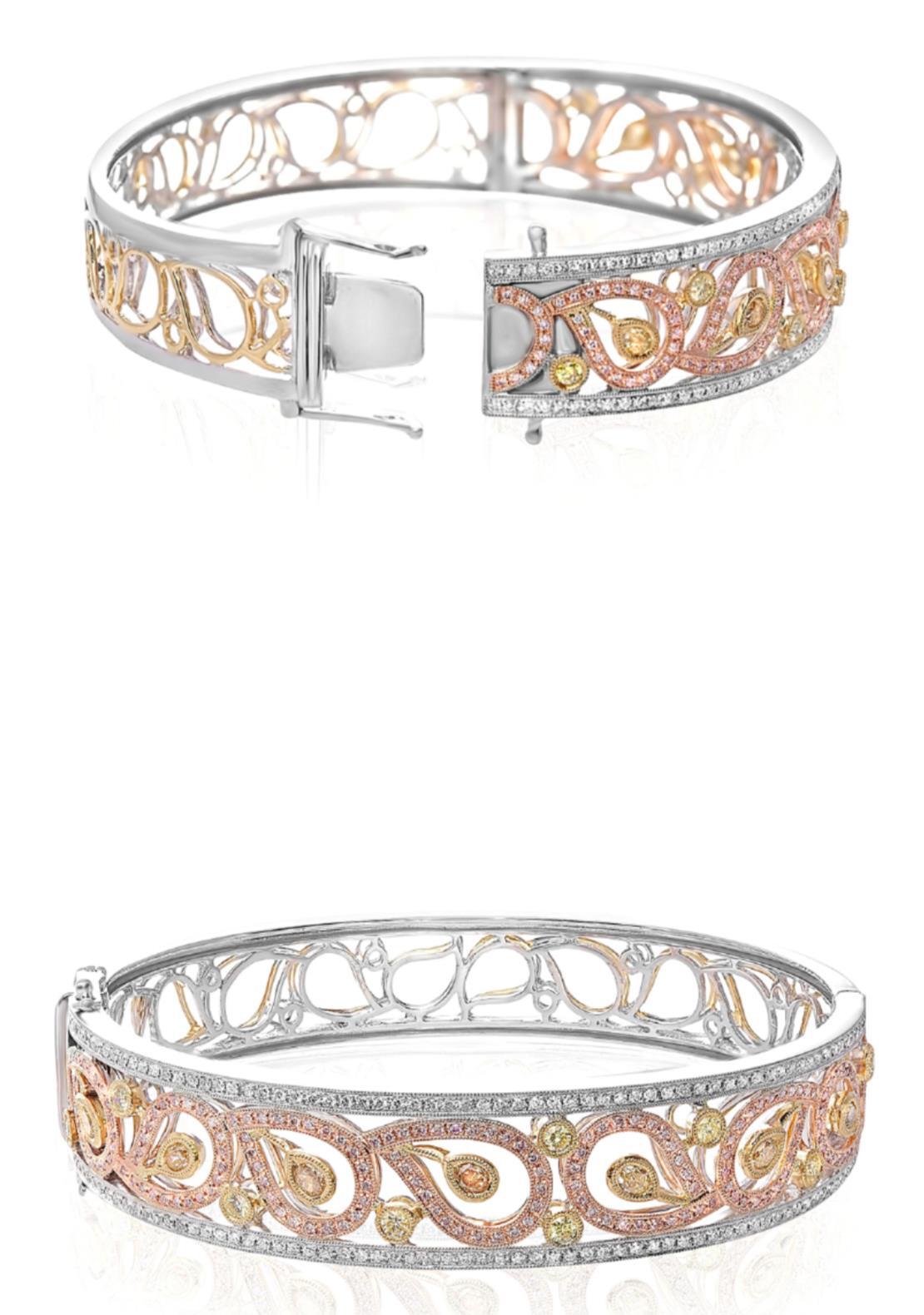 LARGE 2.51CT WHITE PINK & FANCY YELLOW DIAMOND 18K WHITE ROSE GOLD 3D BRACELET