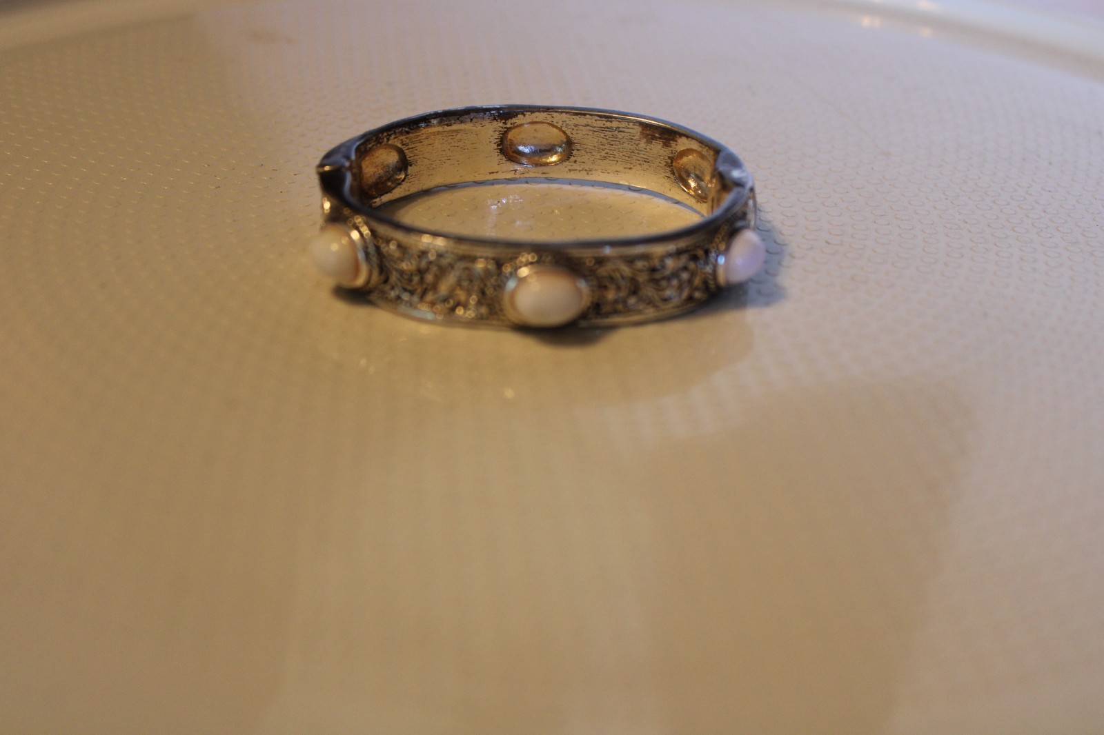 Vintage Silver Tone Cuff Bracelet, floral Vines, White Stones, Magnetic Clasp