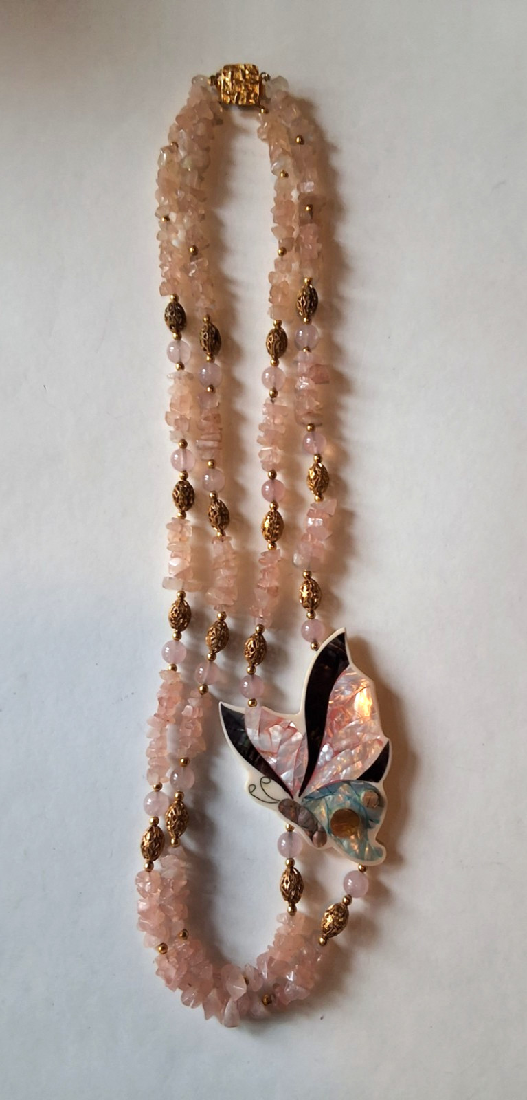Vintage Lee Sands Butterfly Necklace Rose Quarts and Mother of Pear Inlay