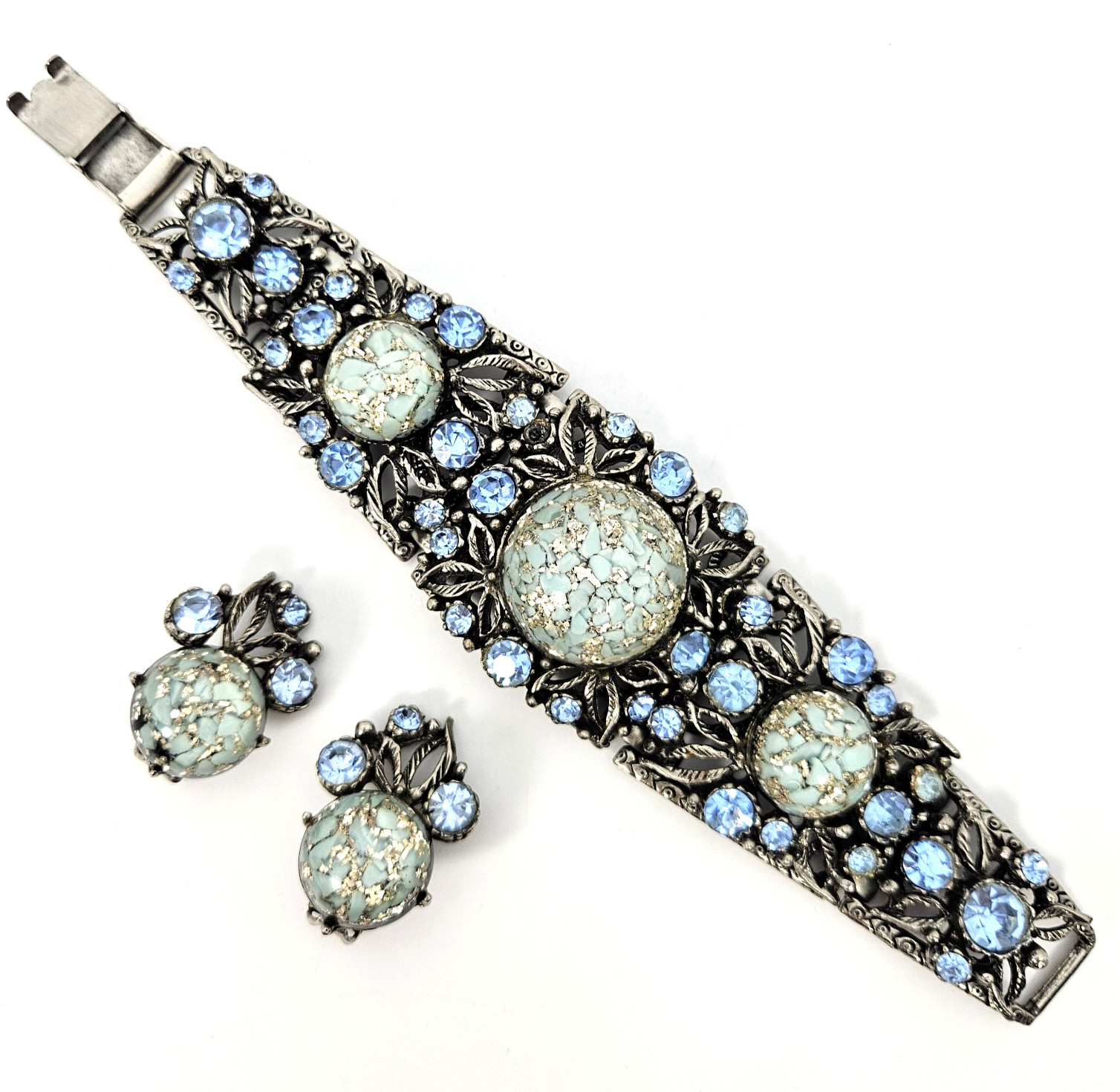 Vintage Blue Rhinestone Confetti Resin Cabochon Bracelet Earrings