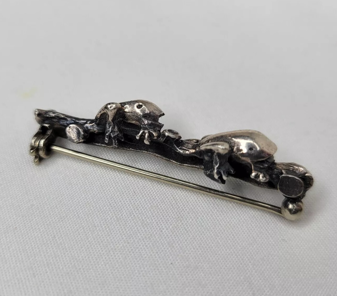 Vintage Frog Brooch Frogs On A Log Sterling Silver Bar Pin Artist Made Estate
