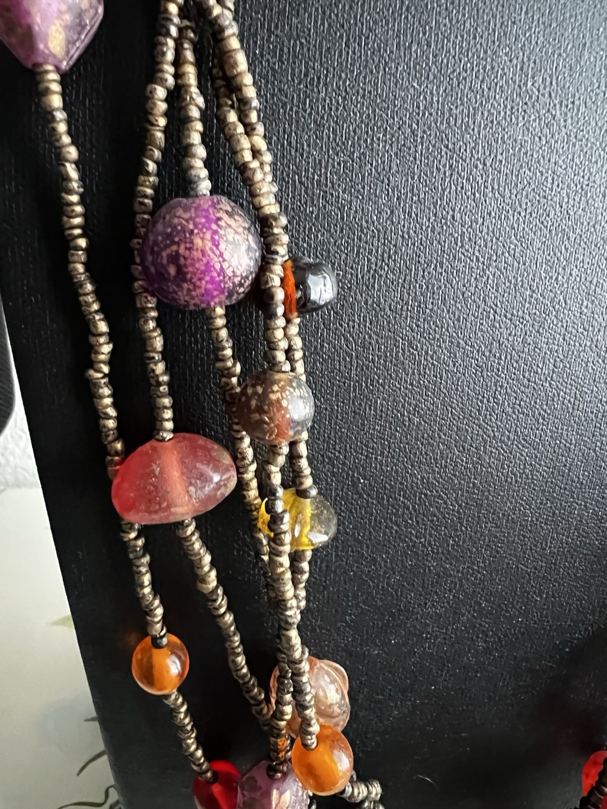 Multi Strand Long Length Necklace Brown Orange Red Glass Bead Fashion Jewelry