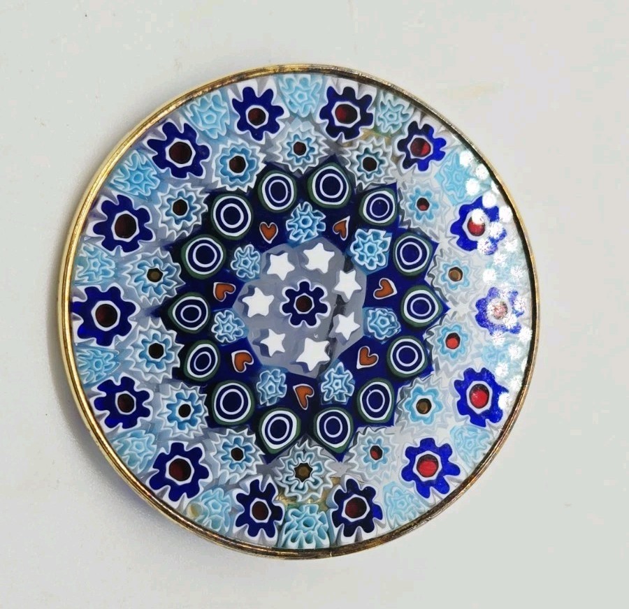 Millefiori Glass Brooch Pin Silver Venetian Murano Italy Vintage Blue 1.5 in